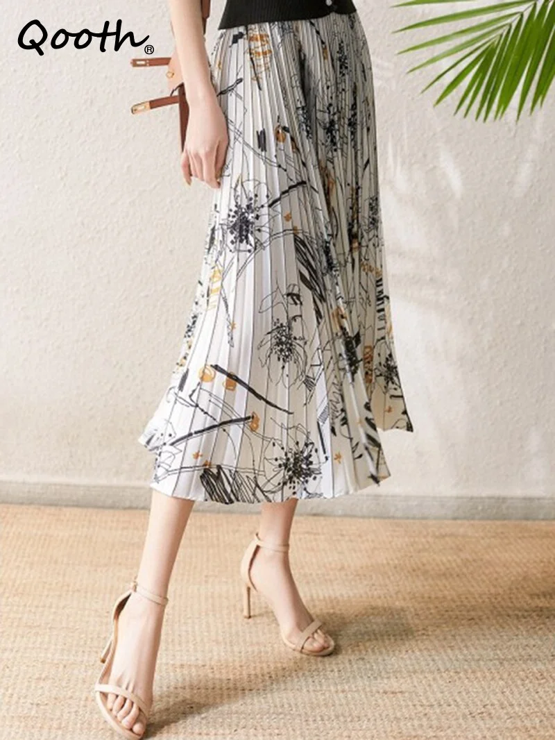 Huibahe Women Summer Mid-length Pleated Skirt Elegant Casual High Waist Printed Long Skirt QT1851