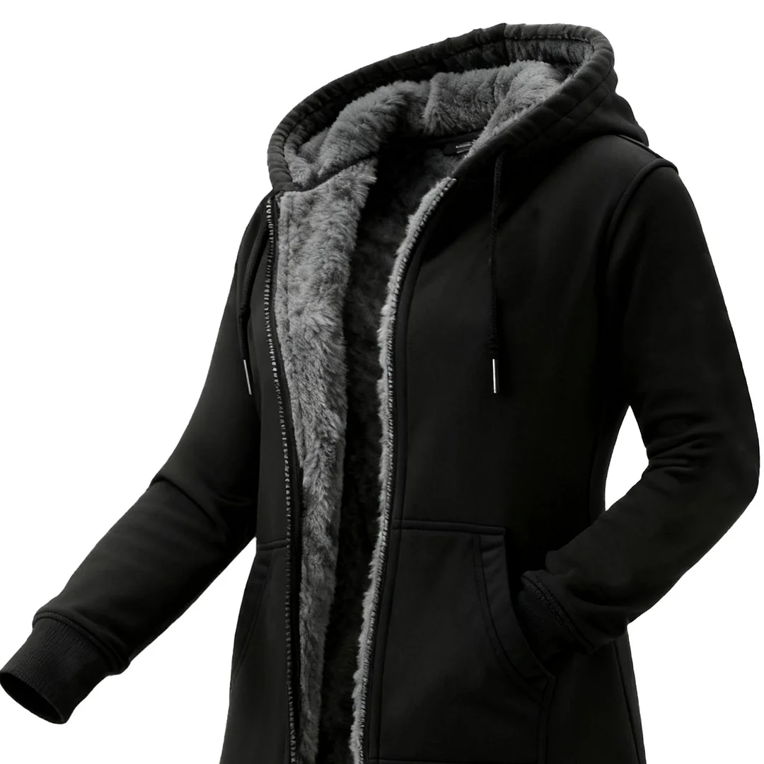 Women's Vintage Fleece Pocket Full Zip Long Sleeve Hoodie Long Coat