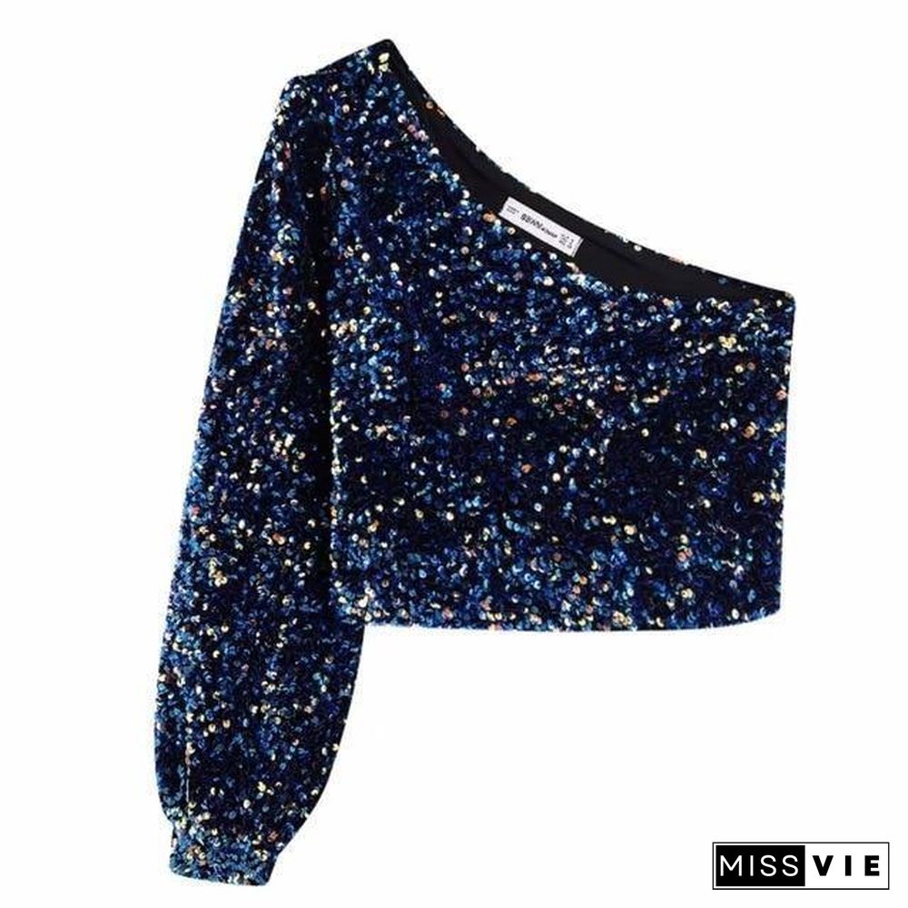 Women Sequins Decoration Asymmetry Single shoulder Shirts Female Nine Quarter Sleeve Roupas Leisure Blouse Chic tops LS6115