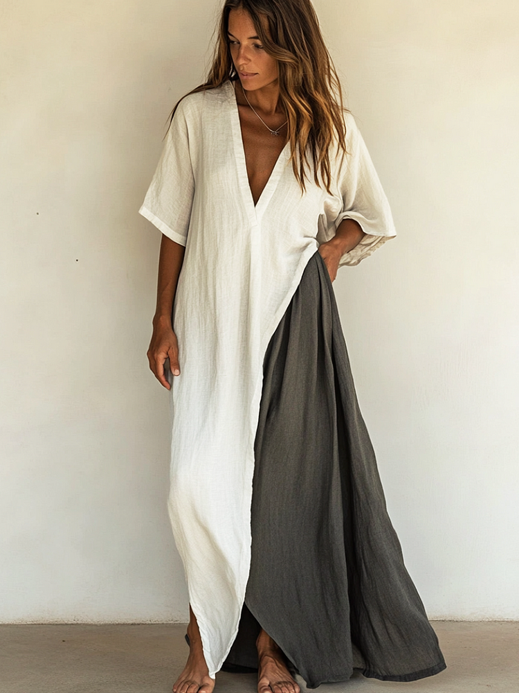 Elegant Splicing White Grey Color Linen V-neck Short-SLeeve Kaftan Dress