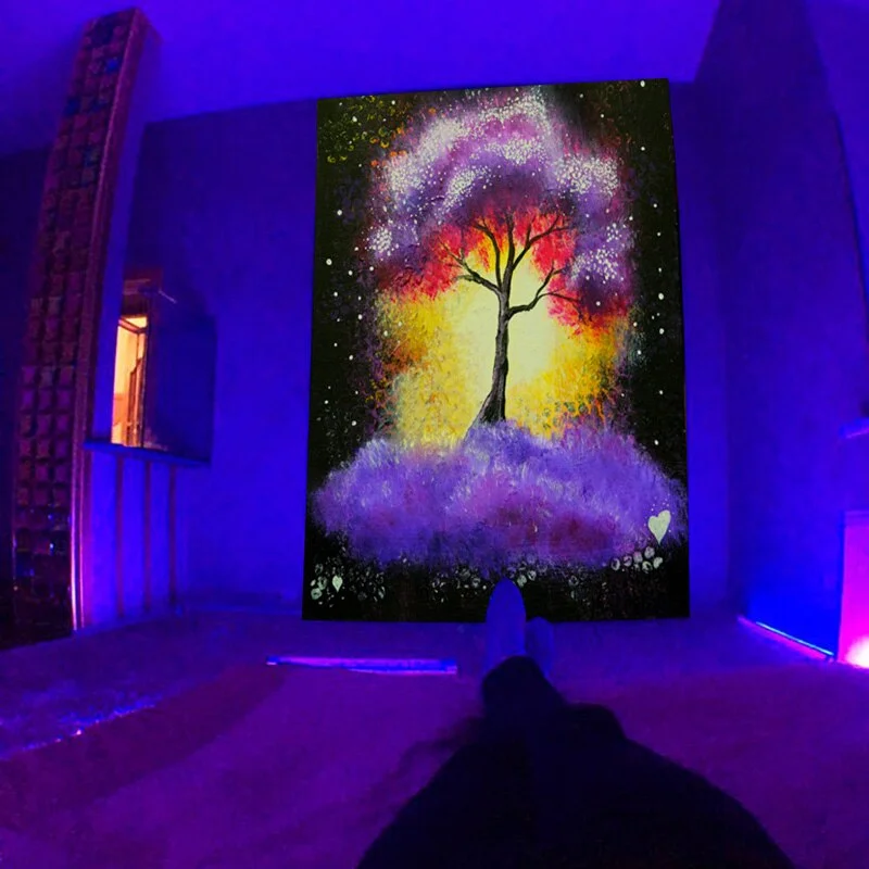 Psychedelic Skull Fluorescent Tapestry Glow Under Ultraviolet Light Mushroom Wall Hanging Cloth Hippie Decor Home Room Aesthetic