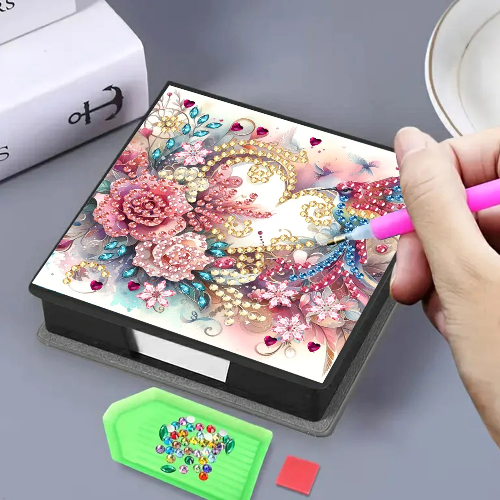 PU Flower Bird Diamond Painting Notecard Box with 160 Sheets of Paper