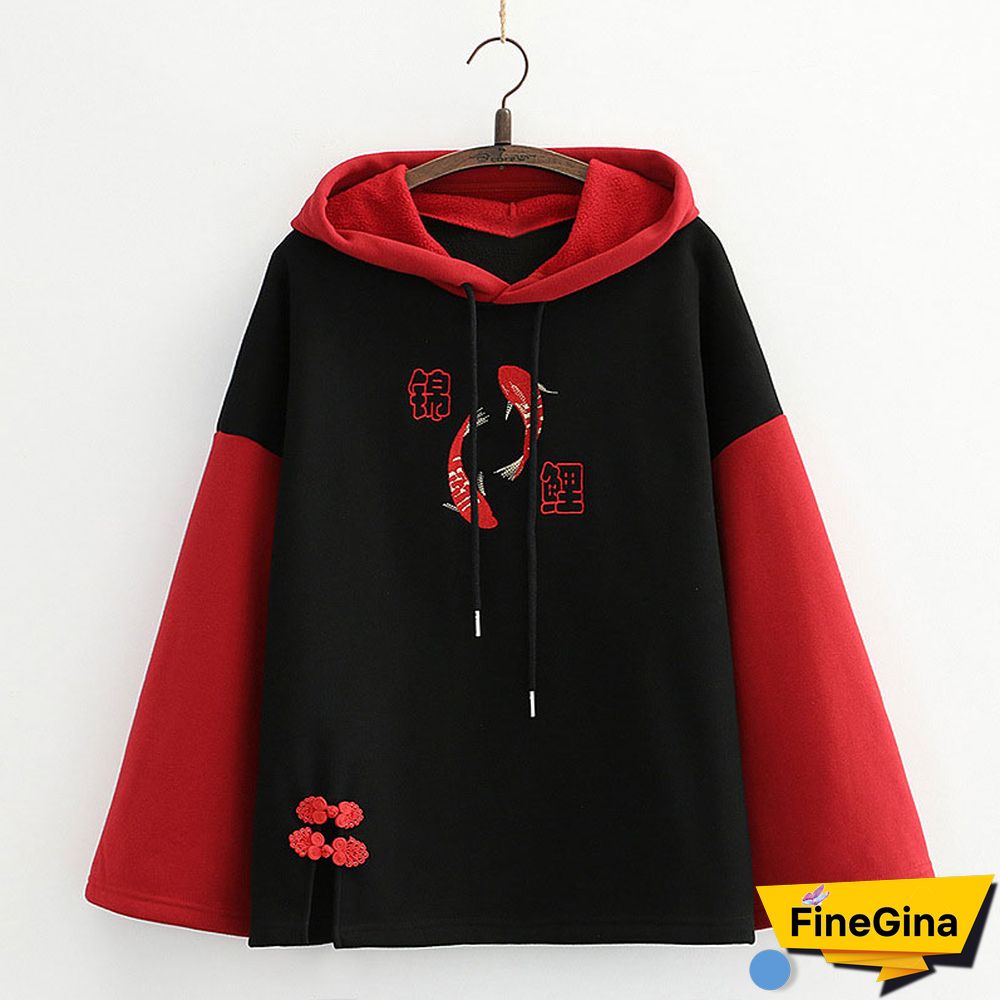Vintage Koi Fish Letter Embroidery Hoodie