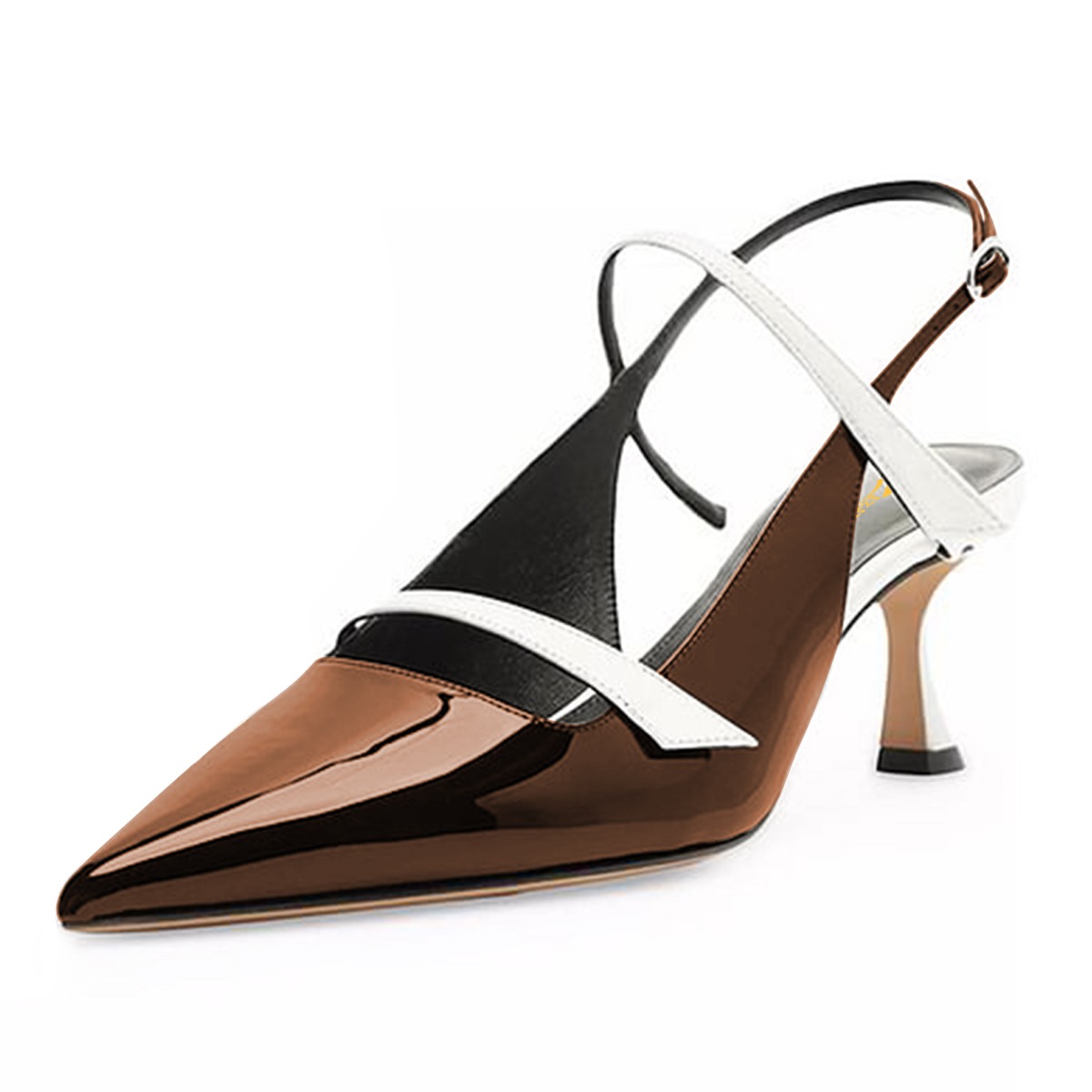 Brown Patent Leather Pointed Toe Flared Heel Slingback Pumps Nicepairs