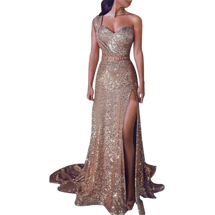 Evening Dress Sequins Glitter One Shoulder High Split Floor Length Dress