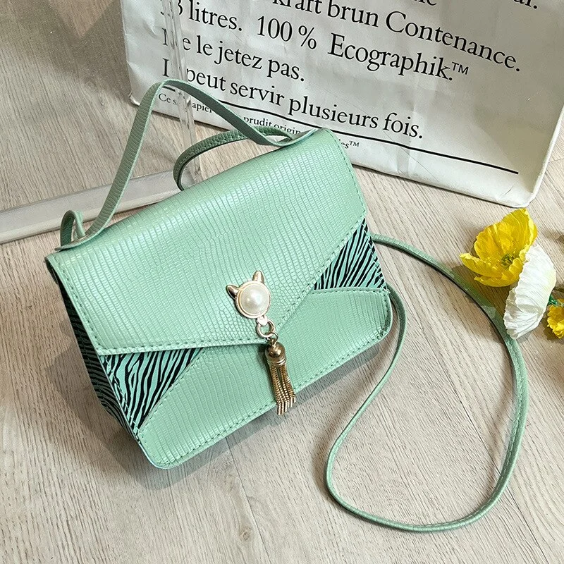 Cat Head Stitching Tassel Small Square Bag 2023 New Summer Ladies Niche One-shoulder Messenger Bag Leopard Print Tote