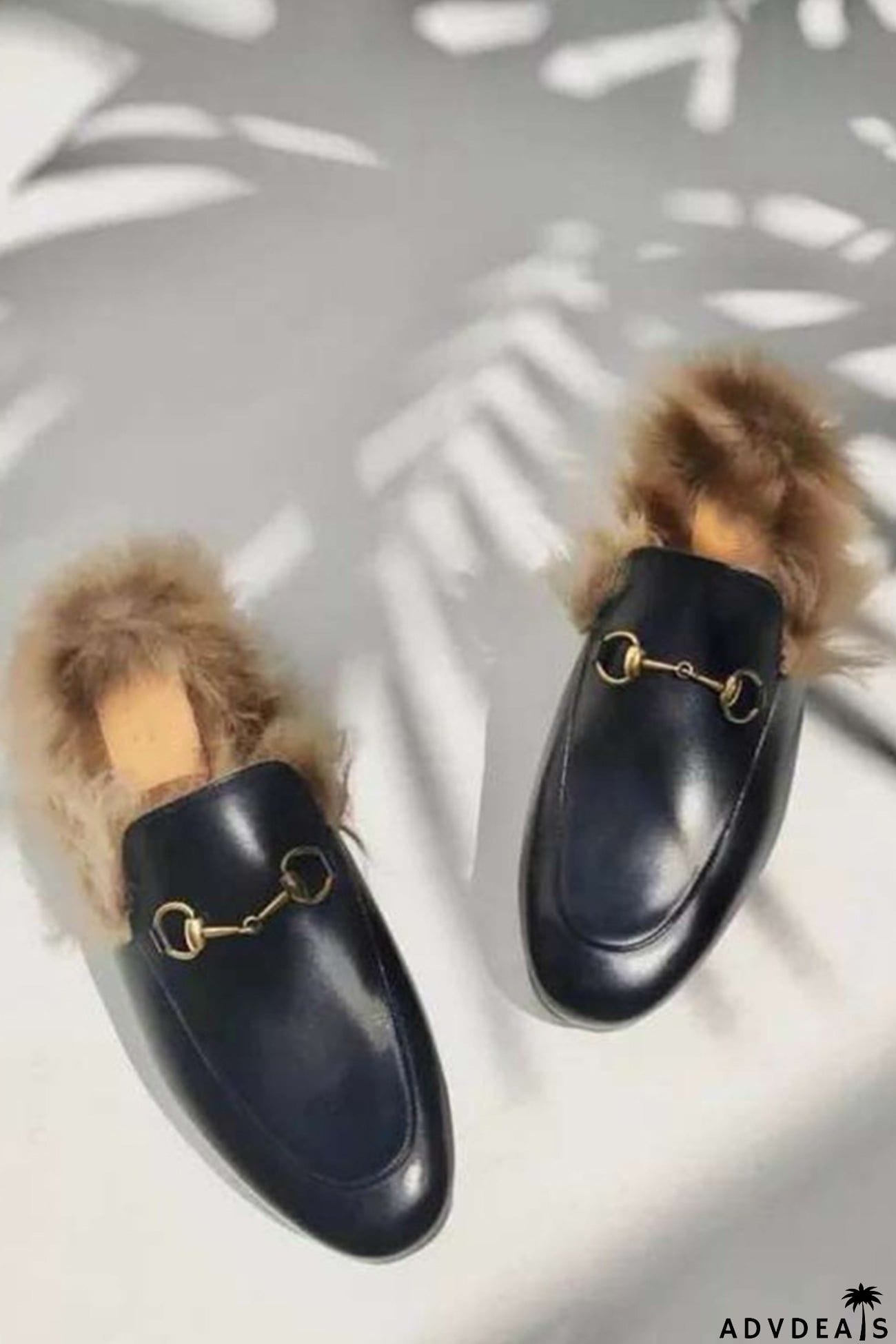 Rabbit Fur Lined Leather Loafer Mules