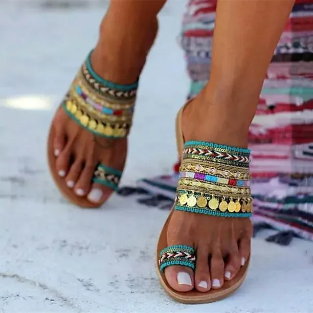 Bohemian Style Turquoise Stone Toe Ring Loop Flat Orthopedic Sandals