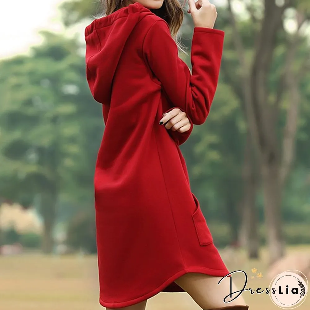Womens Plus Size Solid Color Long Sleeve Loose Pocket Drawstring Hoodies Dress