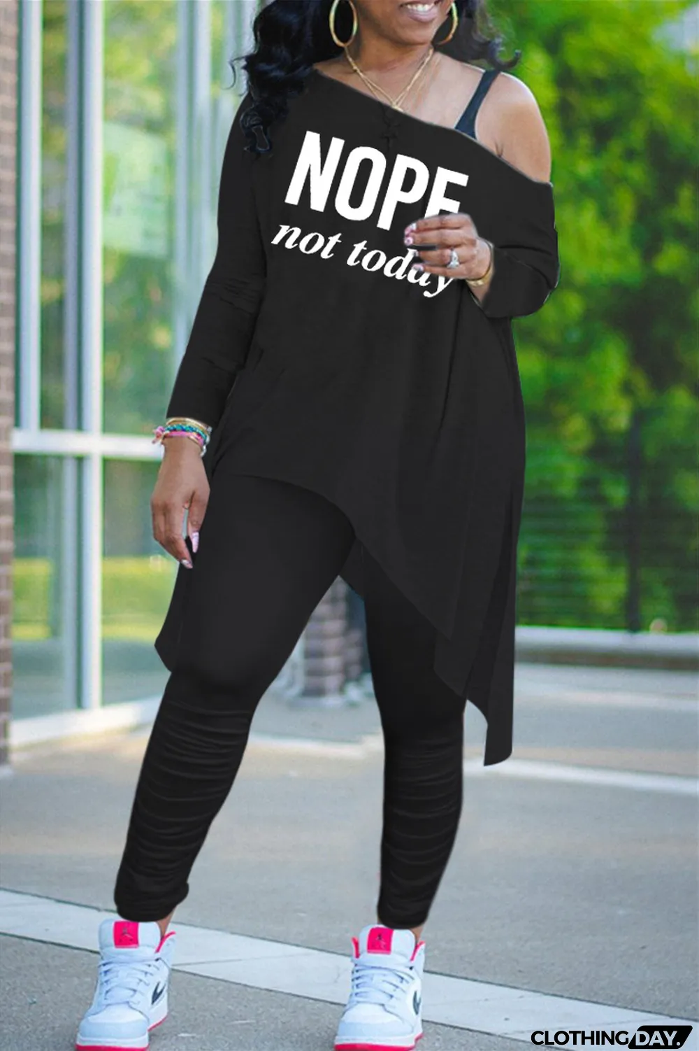 Plus Size Letter Print Long Sleeve Two Piece Pants Set