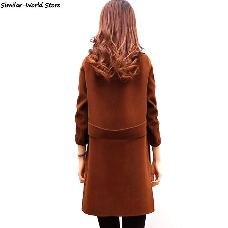 Women Wool Blend Warm Long Coat Plus Size Female Slim Fit Lapel Woolen Overcoat Autumn Winter Cashmere Outerwear