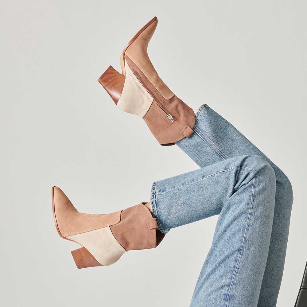 Beige Faux Suede Pointed Toe Chunky Heel Cowgirl Booties Nicepairs