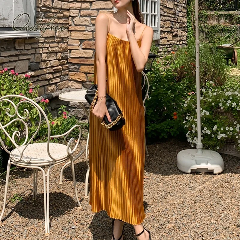 Ordifree 2022 Summer Women Satin Slip Dress Spaghetti Strap Long Silk Dress Sexy Pleated Party Dress