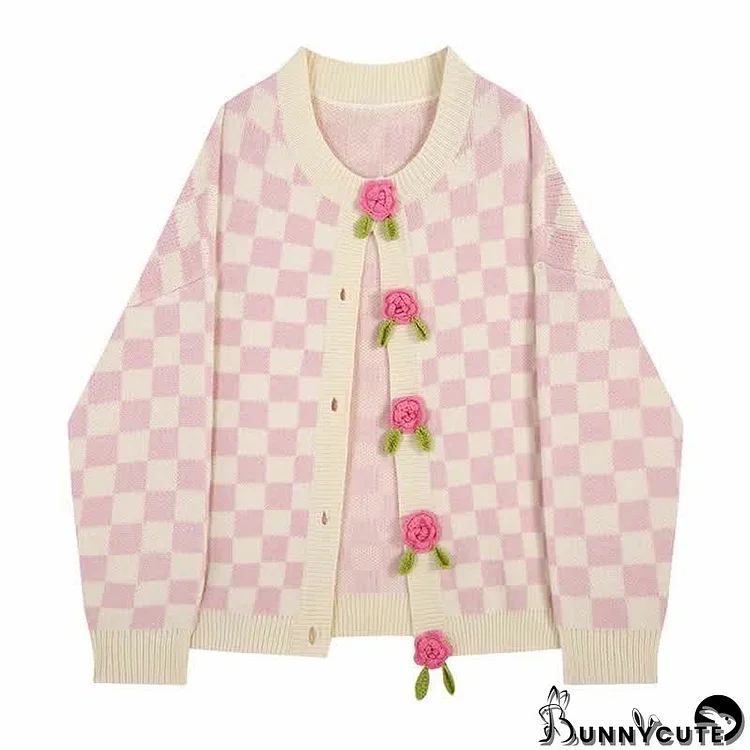 Lattice Print 3D Flowers Decor Colorblock Cardigan Sweater