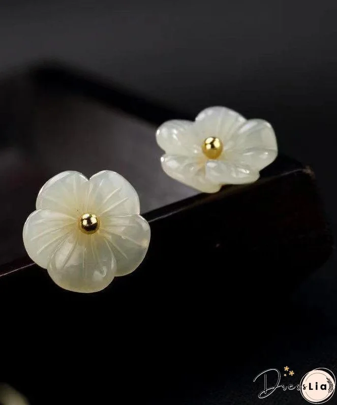Simple White Sterling Silver Inlaid Jade Floral Stud Earrings