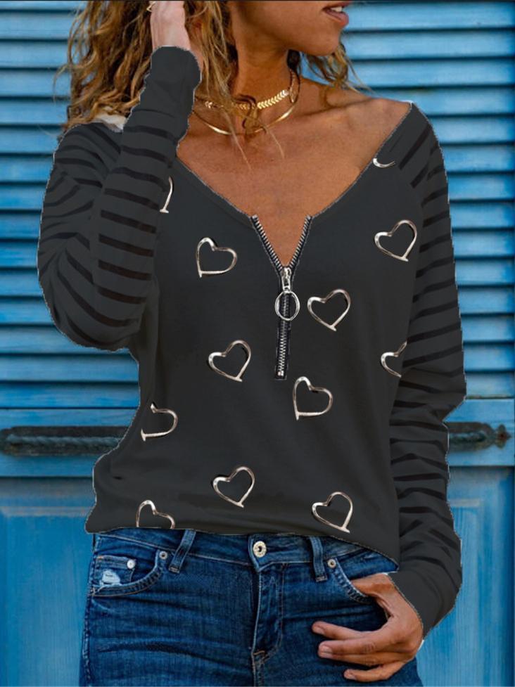Women Casual Long Sleeve V-neck Printed Tops