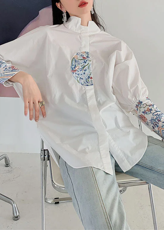 Organic White Embroideried Patchwork Cotton Shirt Spring