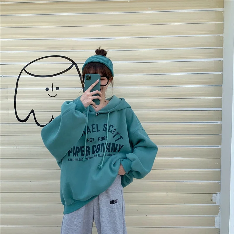 Hoodies Women Letters Medium-long Warm Harajuku Bf Womens Korean Style with Pockets Students Loose Casual New Arrivals Stylish