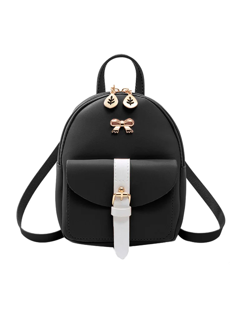 Women Cute Hit Color Bow Leaf Backpack PU Leather Mini Shoulder Bag (Black)