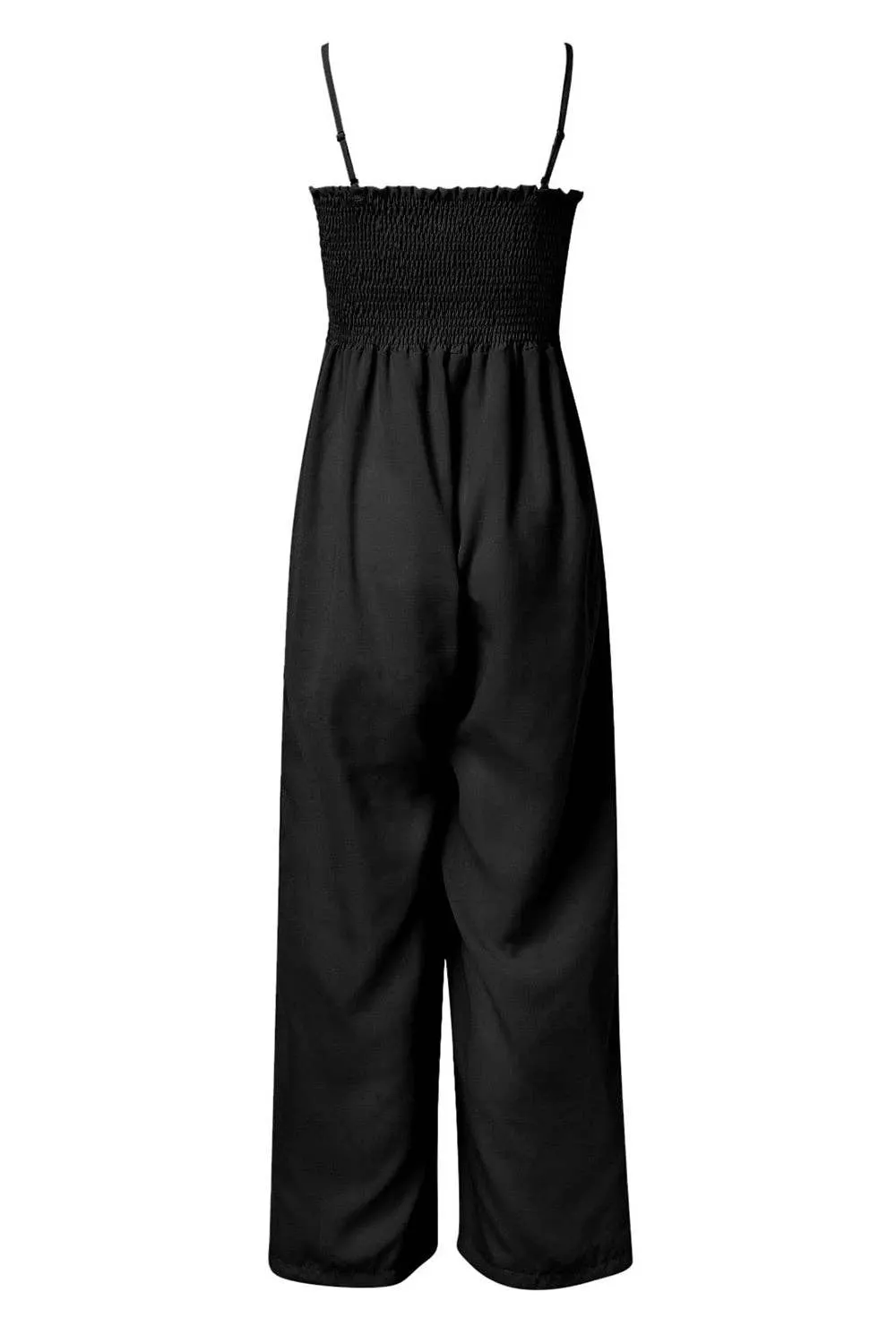 Smocked Spaghetti Strap Wide Leg Jumpsuit - Pocketed