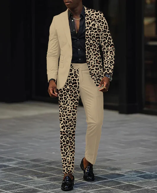 Business Casual Leopard Patchwork Blazer & Pant 2Pcs Set Okaywear