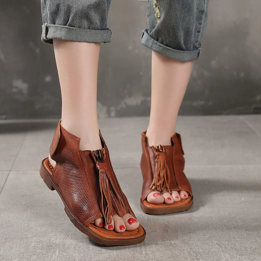 Leather Gladiator Sandals Peep Toe Retro Handmade Sandals Boots