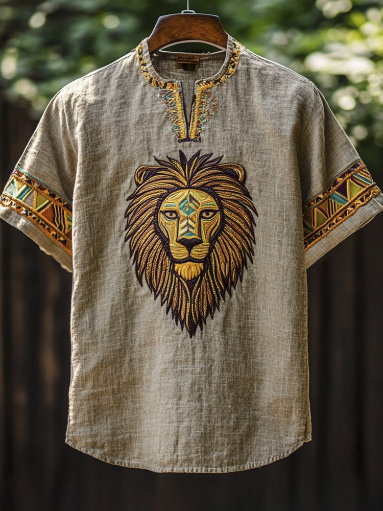 African Tribal Lion Embroidered Men's Linen Shirt