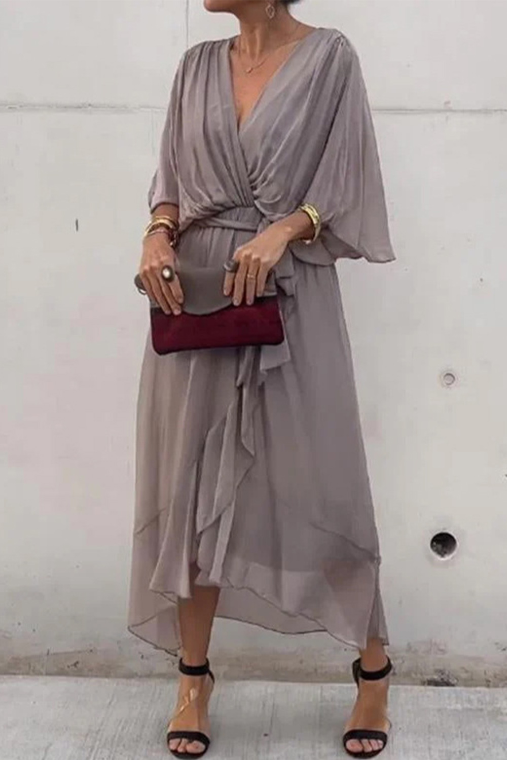 Plus Size Everyday Olive Green Chiffon Wrap Batwing Sleeve Asymmetrical Hem Maxi Dress 2024 - Flycurvy 