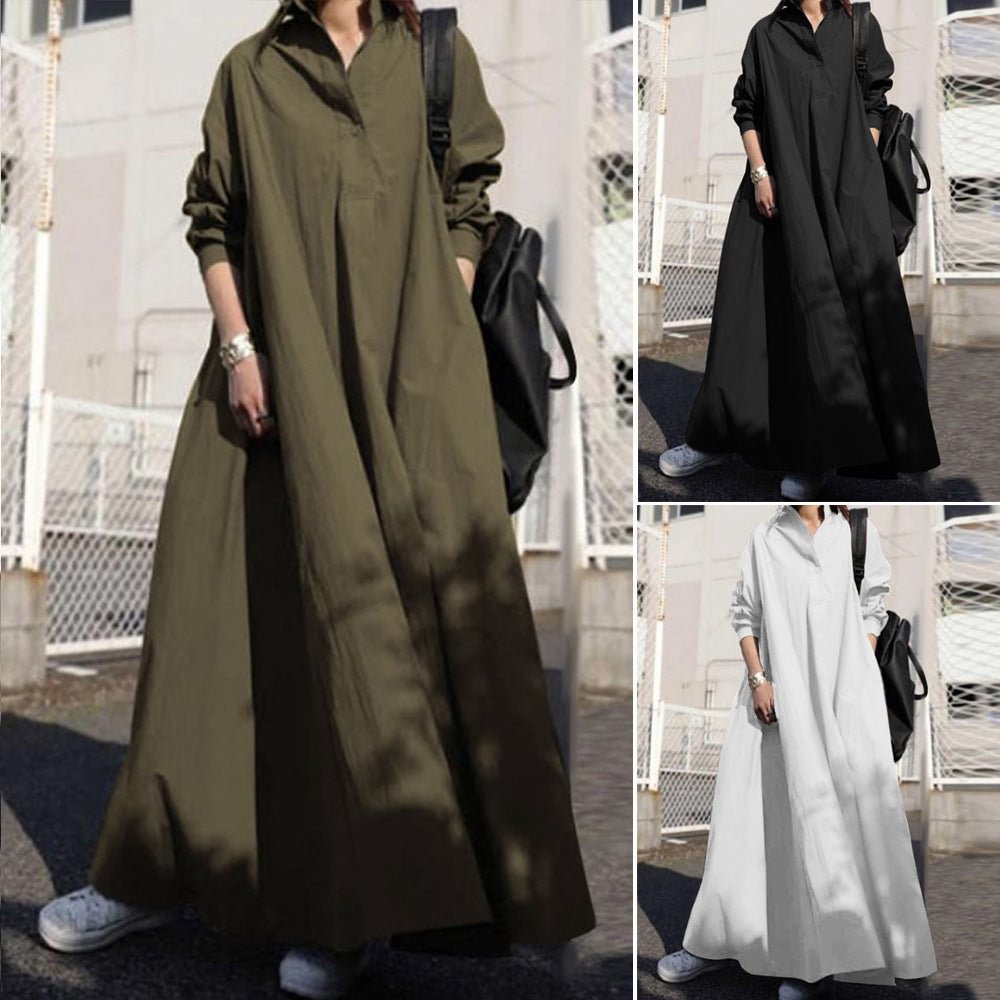 Loose Long Sleeve Big Hem Solid Color Cotton Linen Retro Ethnic Style Dress For Women