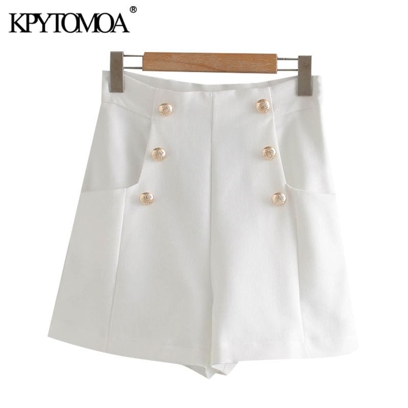 KPYTOMOA Women 2020 Chic Fashion With Buttons Pockets Bermuda Shorts Vintage High Waist Side Zipper Female Short Ropa Mujer