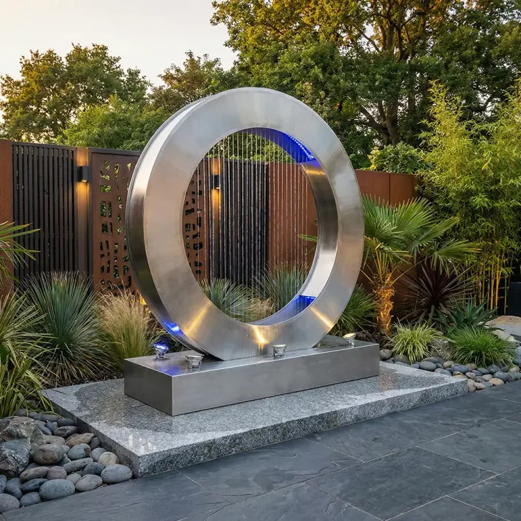 Circular Water Flow Sculpture with Stainless Steel and Water Feature