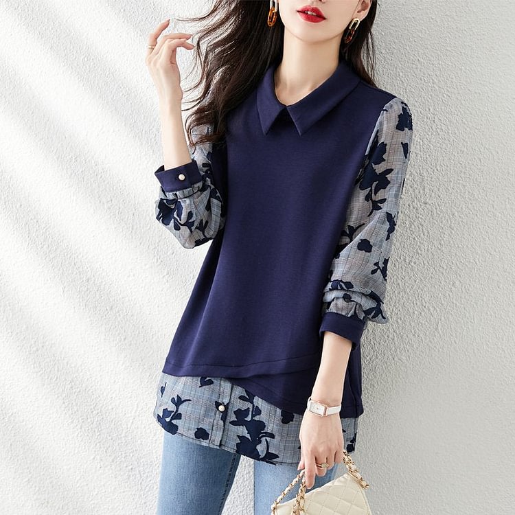 Purplish Blue Vintage Floral Shawl Collar Shift Shirts & Tops QueenFunky