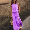 Women's Casual Round Neck Solid Color Sleeveless Slit Jumpsuit Long Dress
