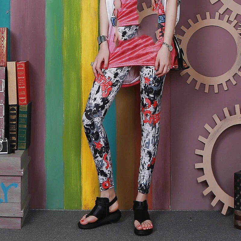 CUHAKCI Fitness Leggins Women Legging Graffiti Cartoon Printed Trousers Elastic Push Up Pencil Pants Polyester