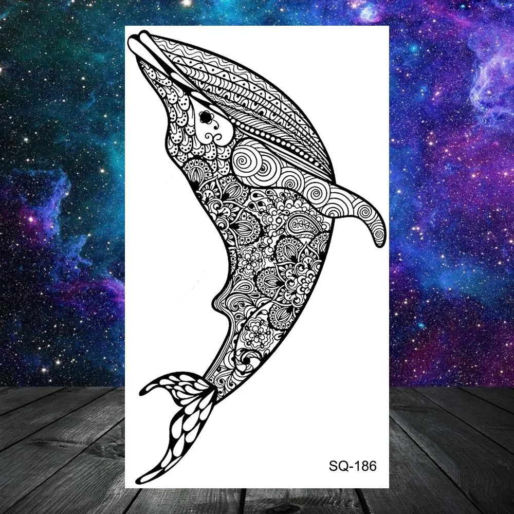 3D Black Whale Mandala Temporary Tattoos For Women Adult Men Rose Flower Mountain Geometry Fake Tattoo Kids Tatoo Paper