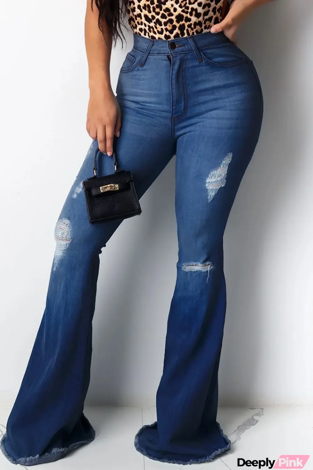 Dark Blue Sexy Solid Ripped High Waist Boot Cut Denim
