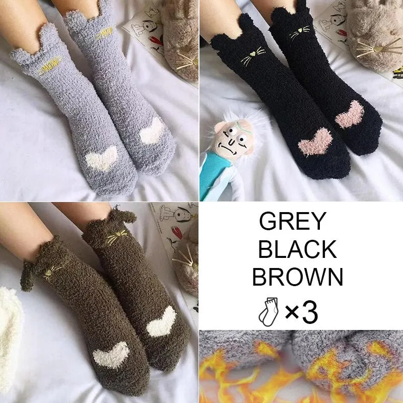 FINETOO 3Pair/Set Women Autumn and Winter Socks Plush  Thick Warm Socks Coral Velvet Animal Sleeping Non-slip Home Floor Socks