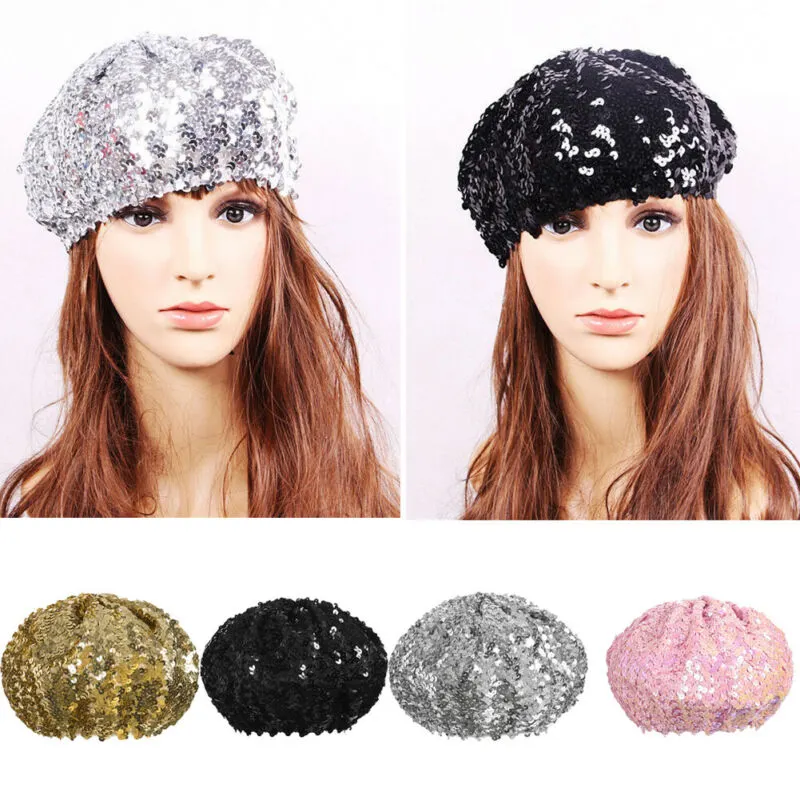 Women Glitter Beanie Cap Stretch Sequins Shining Beret Hat Party Club Dance Cap Chic Black Silver Red Gold Pink Sequin Beret Hat