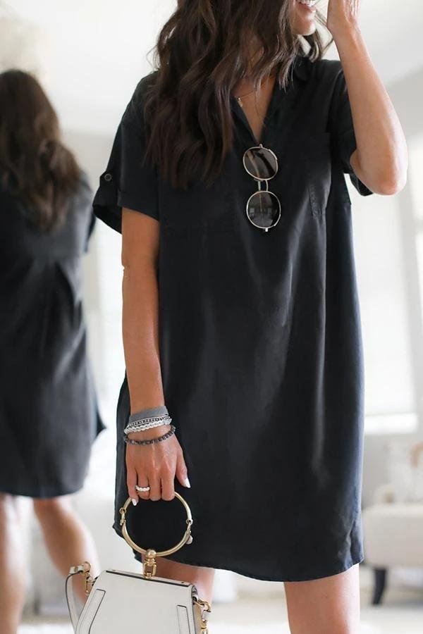 Womens Short Sleeve Solid Color Shirt Collar Dress-Allyzone-Allyzone