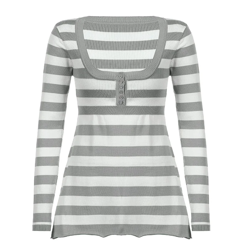 Rapcopter Y2K Button Sweaters O Neck Full Sleeve A-Line Jumpers Sweet Cute Striped Pullovers Women Autumn Winter Knitwear Retro