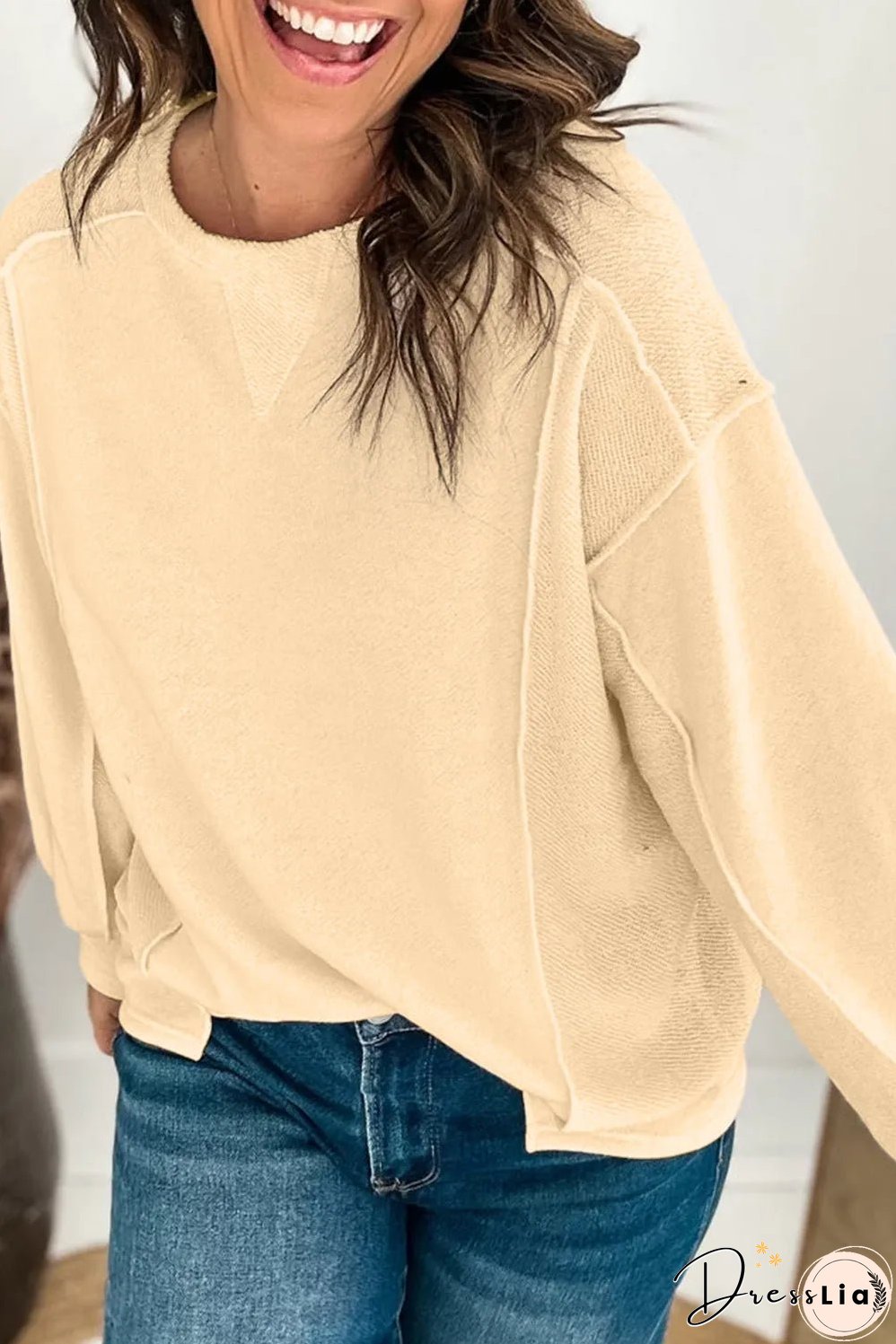 Beige Splicing Round Neck Pullover Sweatshirt