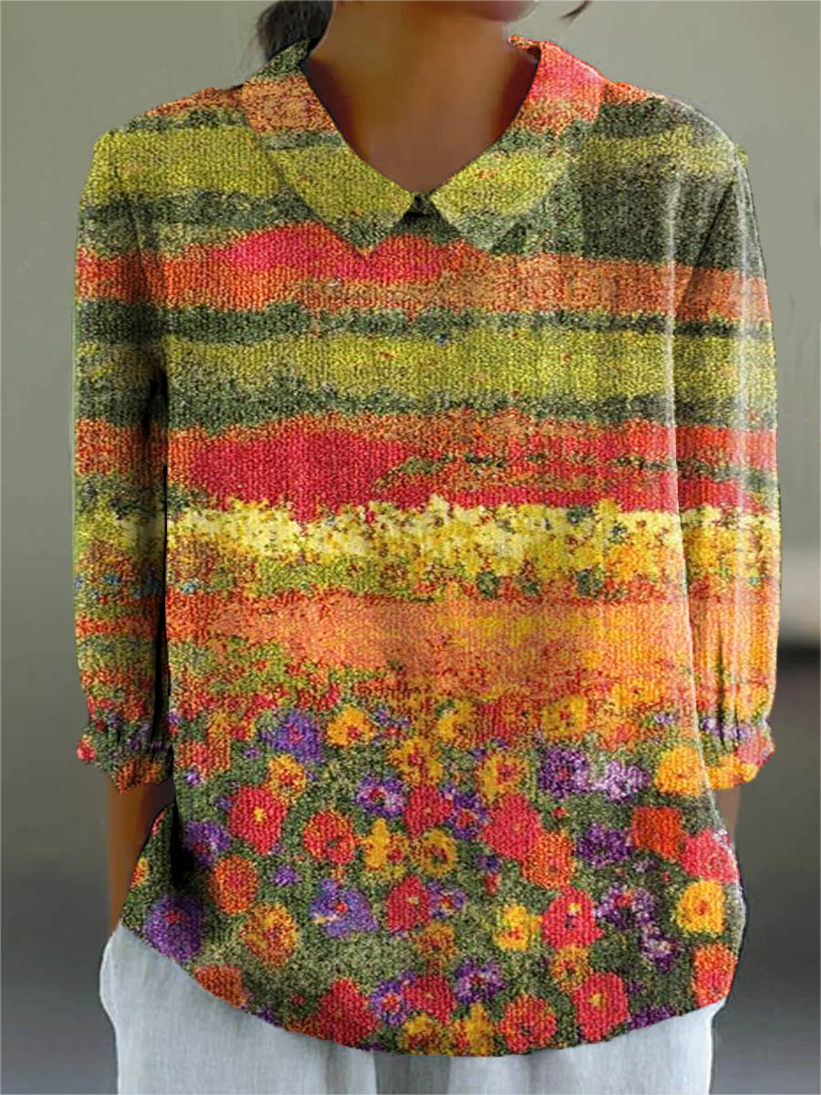 Women's Vintage Lovely Floral Art Print Casual Cotton And Linen 3/4 Sleeve Shirt