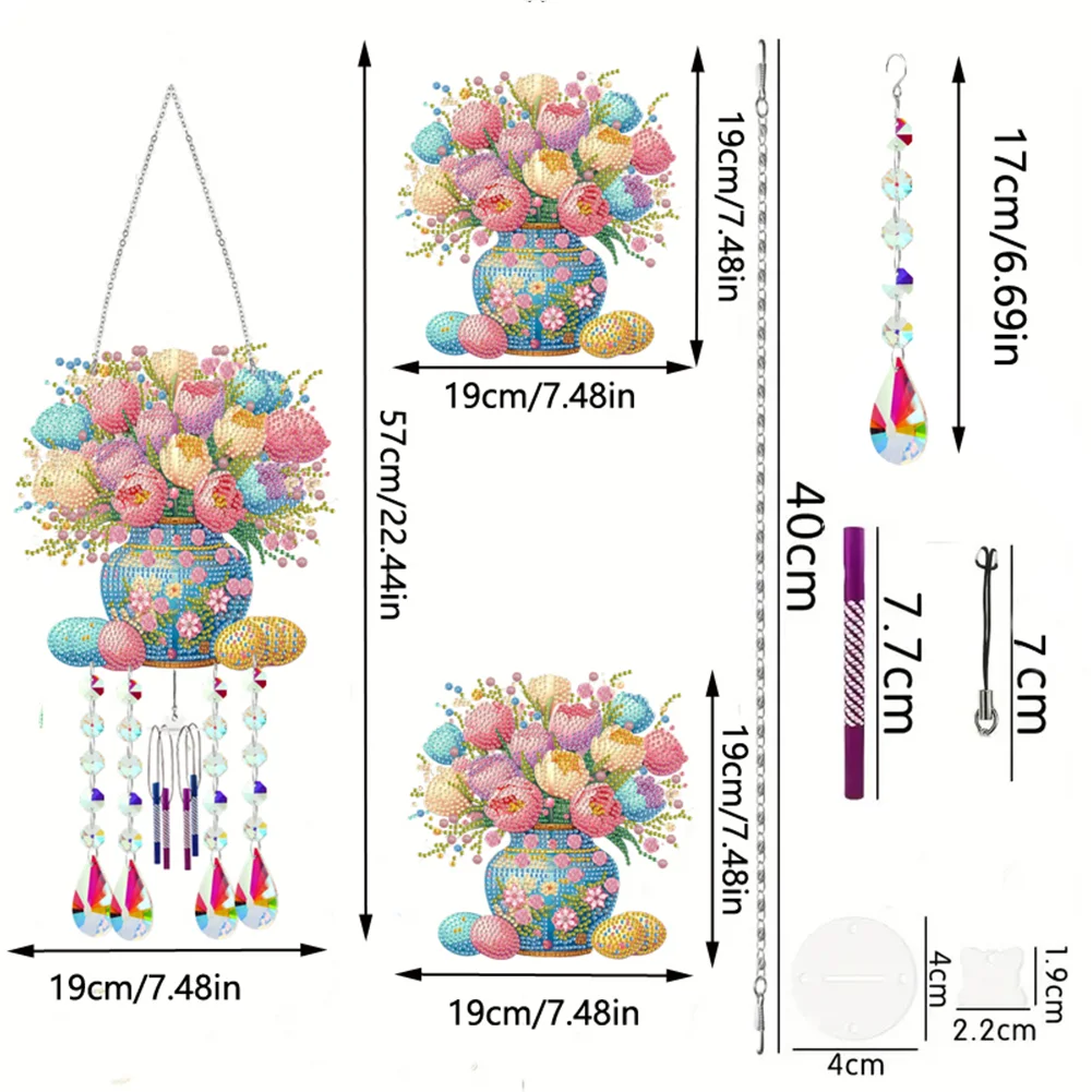 Double Sided Vase 5D DIY Diamond Art Painting Wind Bell Hanging Sign for Wall