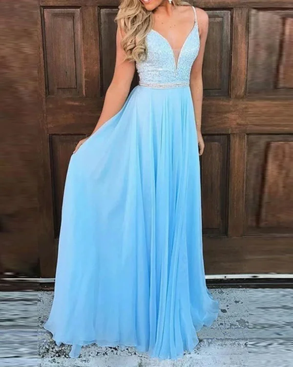 Spaghetti Srtrap Plunging Neck Baby Blue Tulle Prom Dress
