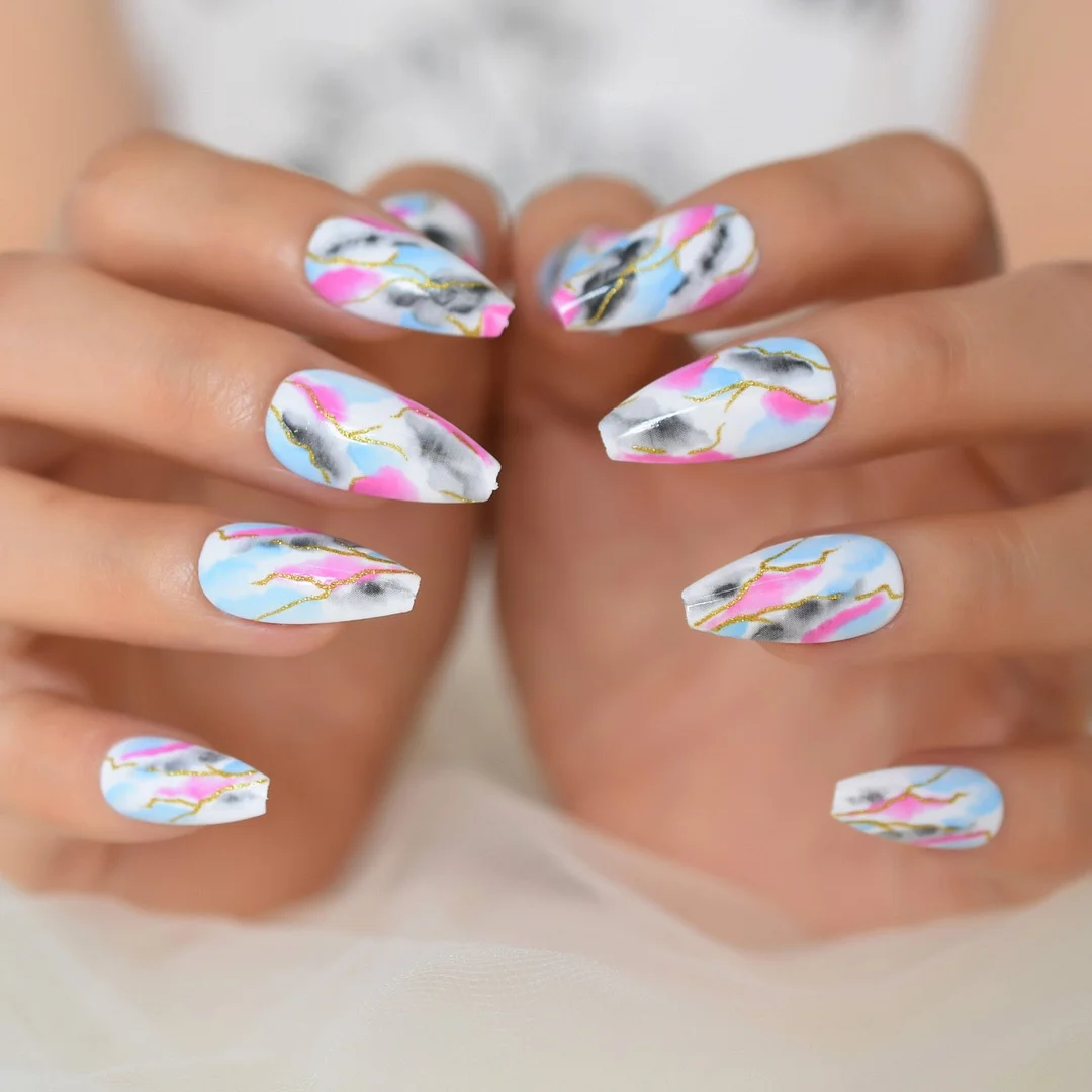 Medium Ballerina Press On Nails White Base Abstract Painting Mix Color Gold Line Decorative Fake Nails Tips 24 CT-Nail Inspo