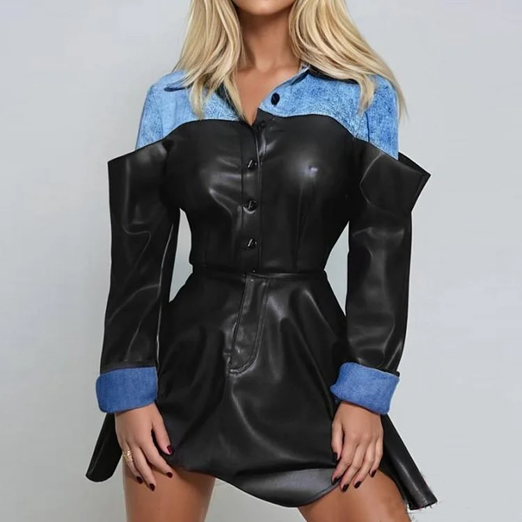 Fashion PU Leather Patchwork Denim Button Long Sleeve Short Dress