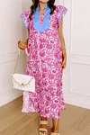 Women's Pink Floral Color Block Patchwork V Neck Short Sleeve Long Dress