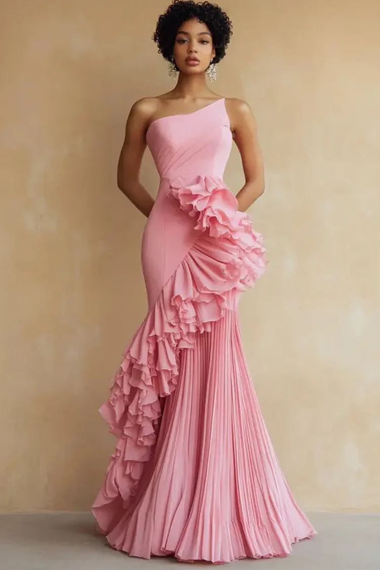 One Shoulder Ruffle Trim Pleated Maxi Dress-Pink [Custom-Made]