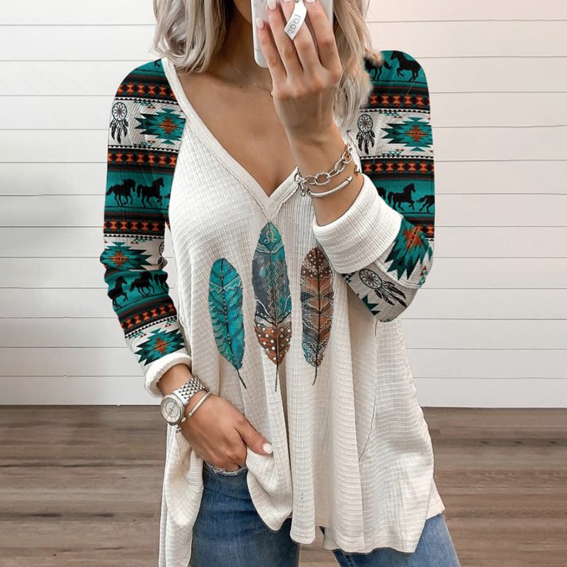 Western Ethnic Print Patchwork V-Neck Casual T-Shirt