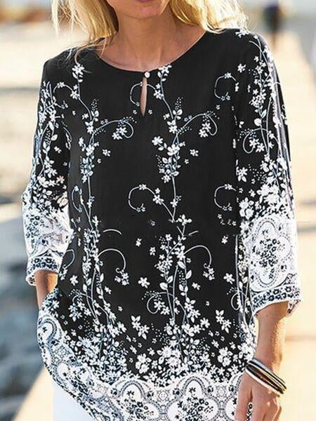 Women's Scoop Neck Long Sleeves Printed Tops